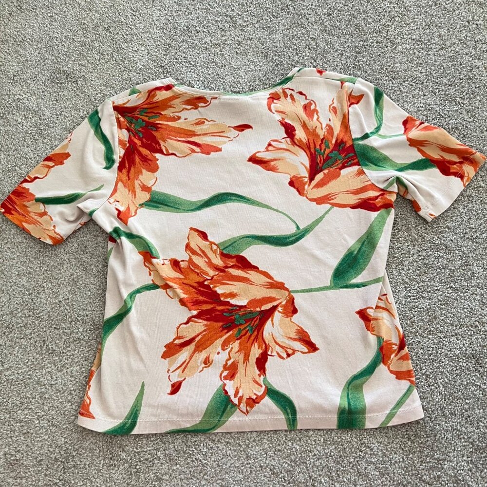 Y2K Vintage St. John’s Bay Orange & White Floral Top 100% Cotton Tailored Waist - Picture 6 of 8